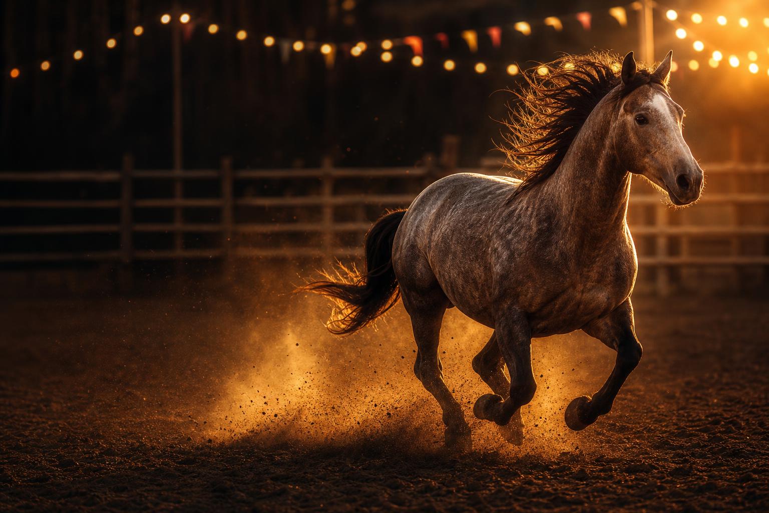 Cavalo em arena de rodeio ao entardecer, bandeirinhas e luzes ao fundo